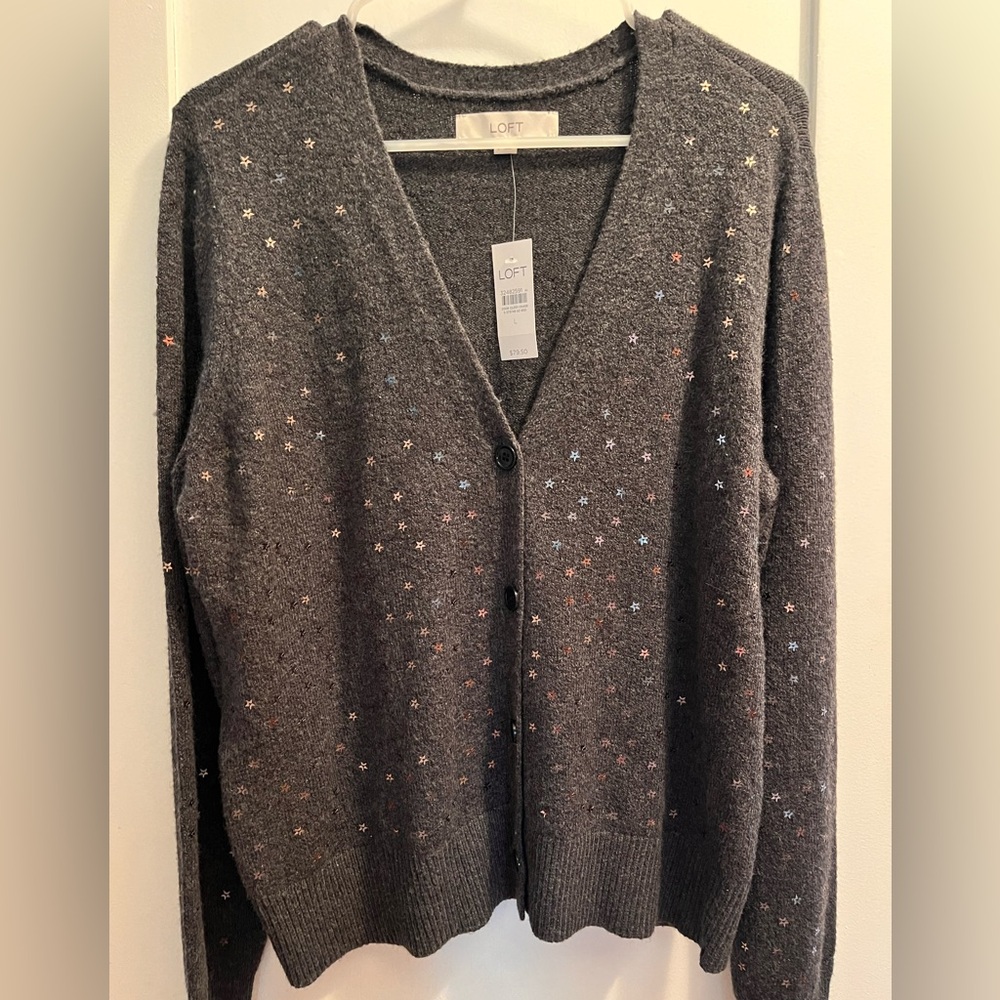 NWT Loft cardigan with sequin star accents. Size Large.